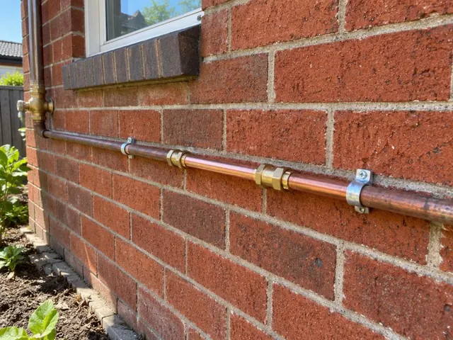 Exterior copper water pipe repair on a brick house wall beneath a window in Lidcombe