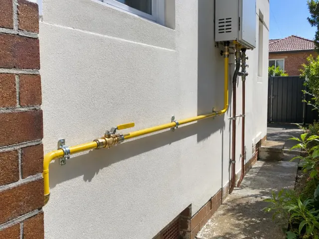 Yellow gas pipe and valve on an exterior brick wall beside a house in South Granville